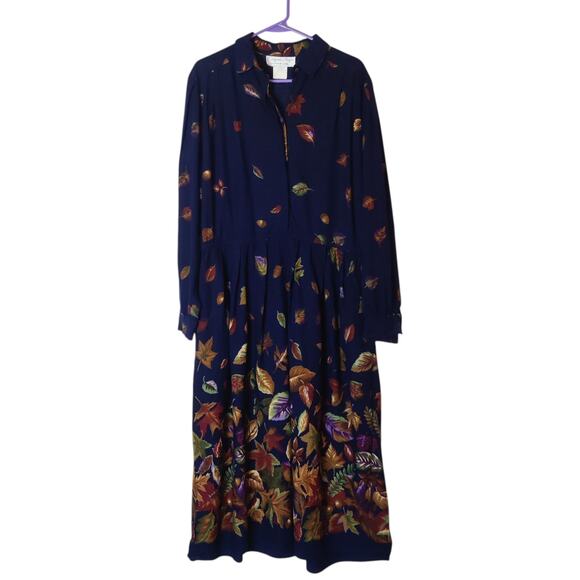 Vtg California Design Fall Autumn Leaf Print Long Sleeve Navy Blue Midi Dress 14 - Picture 1 of 13